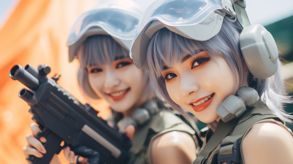 Prompt: close up of faces of two young anime girls posing in army outfit and army caps with big water guns smiling