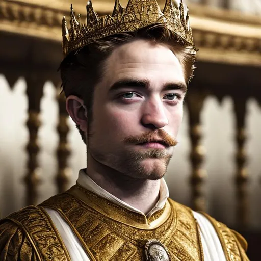 Prompt: robert pattinson, moustache, king, gold crown, white gown
