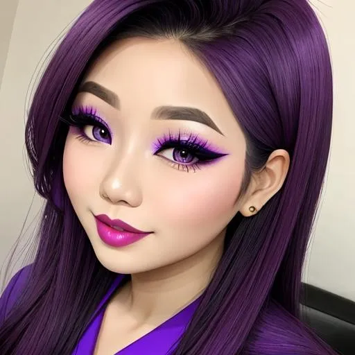 Prompt: A n asian woman all in purple, pretty makeup