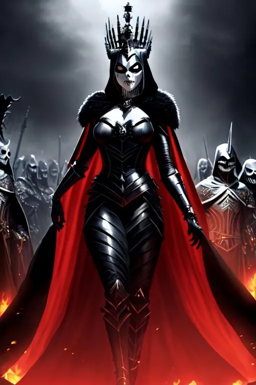 Prompt: A cinematic action shot of the masked undead queen, as she stands in a dark and foreboding environment, surrounded by her undead army. The queen is dressed in a majestic and imposing costume, with a crown on her head. The queen is beautiful, but also menacing and powerful, with an aura of evil and darkness that permeates the scene. The environment is dark and gloomy, with a sense of oppression and dread. The lighting is dramatic and sinister, with rays of light illuminating the queen from behind, creating a sense of power and authority. The overall composition is stunning and immersive, capturing the undead queen's beauty, majesty, and threat in stunning detail.  High resolution scan, Highly detailed, Trending on artstation, Vivid Colors, volumetric lighting,