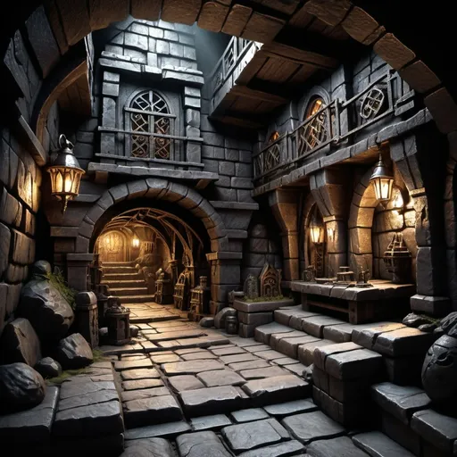 Prompt: Dwarven underground town in Warhammer fantasy RPG style, dark mood, eerie atmosphere, dimly lit, various randomly placed houses, realistic, detailed stone carvings, intricate metalwork, rugged dwarven architecture, atmospheric lighting, high quality, RPG style, fantasy, underground, dim lighting, detailed stone carvings, intricate metalwork, rugged architecture, dynamic view