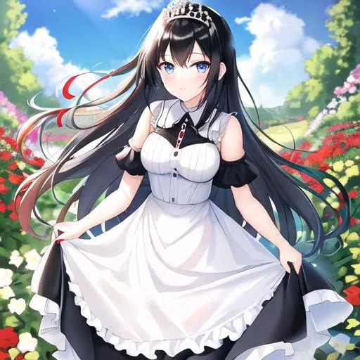 Prompt: walking, female with medium-long black hair with a red ombre at the end, blue eyes, pure white dress with blue accents, very zoomed out, she is in a flower garden, she is wearing a small crown