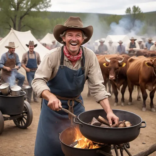 Prompt: A jovial cowboy cook in a lively cattle drive camp, wearing an apron over his clothes, a chef's hat, and a bandana. He stirs a pot over a chuck wagon, with cowboys and cattle milling around the campfire.