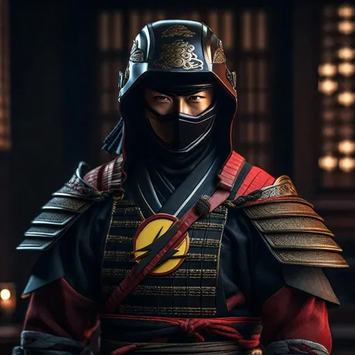 Prompt: Portrait of { Ninja the flash } in  {edo era Japan}, perfect composition, hyperrealistic, super detailed, 8k, high quality, trending art, trending on artstation, sharp focus, studio photo, intricate details, highly detailed,happy face, by greg rutkowski