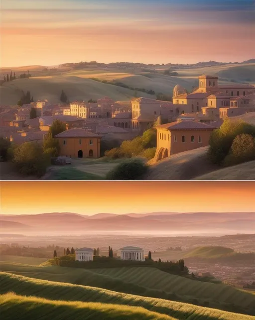 Prompt: In the golden hour of sunrise, a wide-angle lens captures an expansive landscape with rolling hills and a colorful sky, while a cityscape emerges in the distance. The architectural details of ancient buildings add a touch of history to the scene.