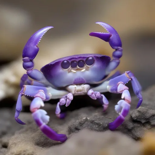 Prompt: A tiny violet-colored atlas crab from planet Venus lifting a rock with its claws. 