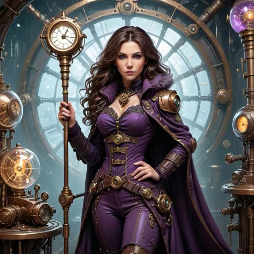 Prompt: (female starship captain), (long flowing dark hair), (holding a steampunk cane), standing confidently over a (futuristic navigation table), adorned in a richly detailed (gold and purple steampunk outfit with a fur cloak), showcasing intricate and ornate designs, surrounded by gears and machinery, glowing cybernetic enhancements, dramatic ambient lighting, rich color tones of brass and copper, high-quality 4K resolution, capturing a sense of (adventure) and (exploration) in a stellar sci-fi environment.