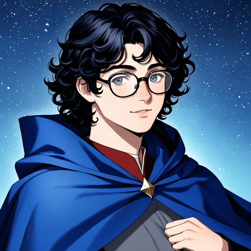 Prompt: Young man, curly black hair, freckles, glasses. Blue fantasy cape. Wimpy 