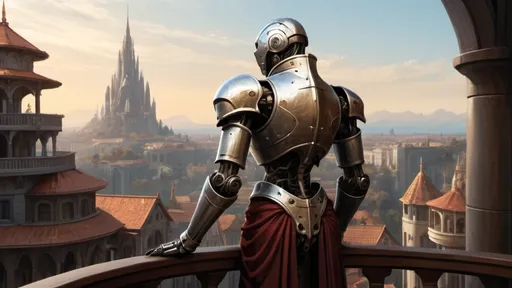 Prompt: a slender warforged automaton stands with back to camera on a large round balcony with a solid railing looking out over a fantasy city paradise during the age of arcanum 