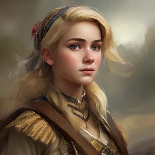Prompt: Head portrait of a young ranger dressed modestly, beautiful and blonde. She is wearing a dress, Epic painting