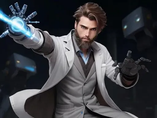 Prompt: male, brown hair with a grey streak, brown beard stubbles, blue eye, robotic right arm and leg, wearing a labcoat, young, hitting a copy of himself
