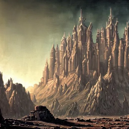 Prompt: painting of a colossal terrifying gothic cathedral fortress on the moon in the middle of a wasteland, populated planet in the background high level of details, 4k, 