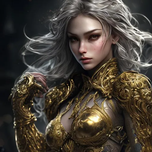 Prompt: ultra wide angle, dark epic background, gorgeous lifelike, golden design, beauty girl,  silver hair, cinematic, insane details, intricate details, hyperdetailed, ultra texture details