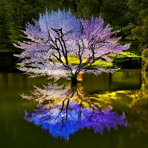 Prompt: glimmering lake of glowing water, large cherry tree bending over it, fairy dust raining down lightly, master piece