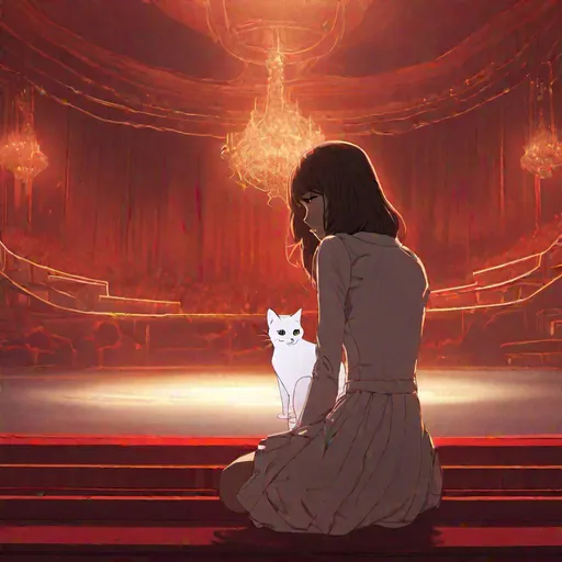 Prompt: a photo of a young human woman with shoulder length brown hair sits facing forward with her legs dangling over the edge of the red and gold lit stage, staring sadly into her lap as a transparent ghost cat approaches her from her left and touches her arm with his paw. he's transparent because he's dead. high resolution, 100k, UHD