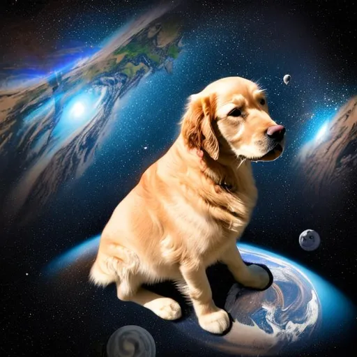 Prompt: Buddy the golden retriever puppy looking at earth from outer space 