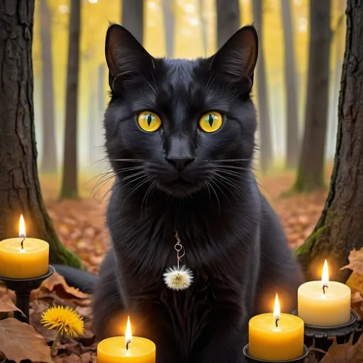Prompt: black cat with dandelion colored eyes, autumn, forest, large trees, candles, magical