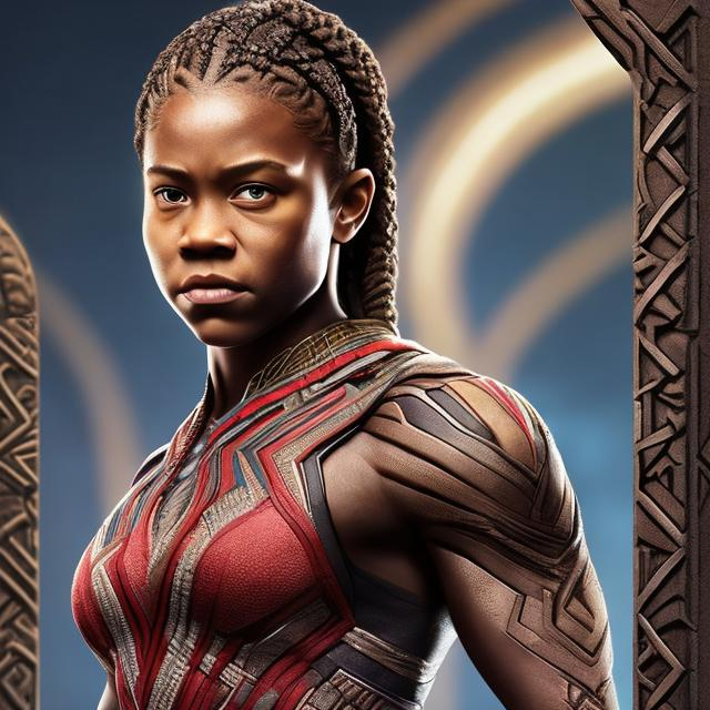 portrait of Okoye from Black Panther she is 13 She has long braided hair and is muscularly toned n