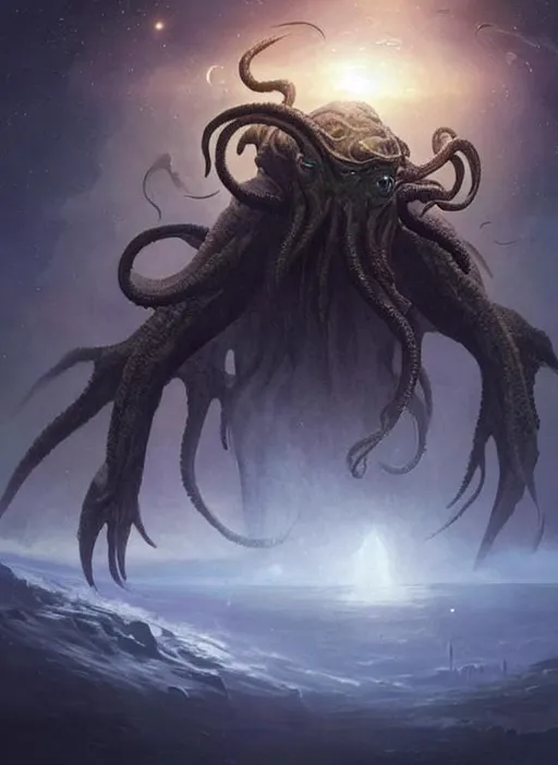 Prompt: Cthulhu in space looking at earth, larger than earth, huge, towering, gigantic, high octane, 8 k, digital art, magic the gathering, mtg, by greg rutkowski, trending on artstation