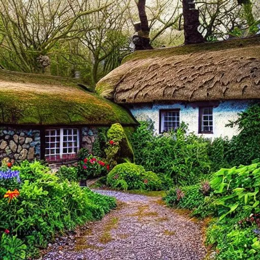 Prompt: A stone, moss covered cottage with a thatched roof on a dark forest path the windows are lit showing the great many flowers all around in the style of Thomas Kincaid




 












