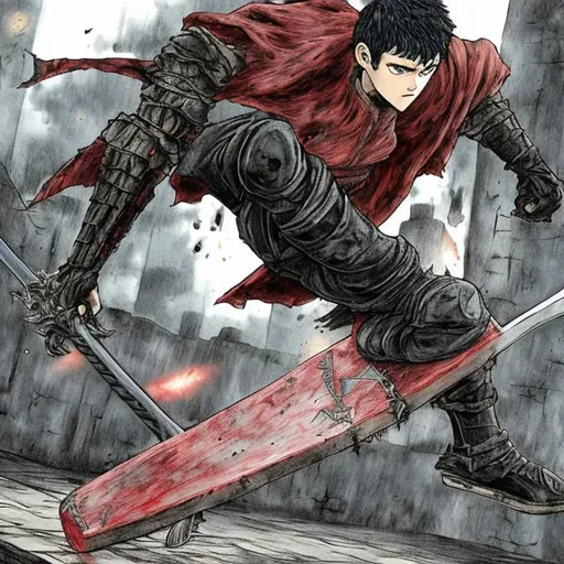 Prompt: guts from berserk doing a kickflip with his sword