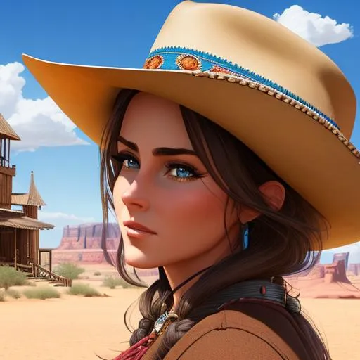 Prompt: Young beautiful woody,female,wild west,desert,cowboy model,1899,highly detailed,ultra-fine detailed,UHD,HDR,pixar ilustration,Disney,dynamic,face detailed,masterpiece,epic,64k,ulta Sharp focus,little town,blue sky,perfect composition,cinematic lighting,wild west town background,horse,smile,