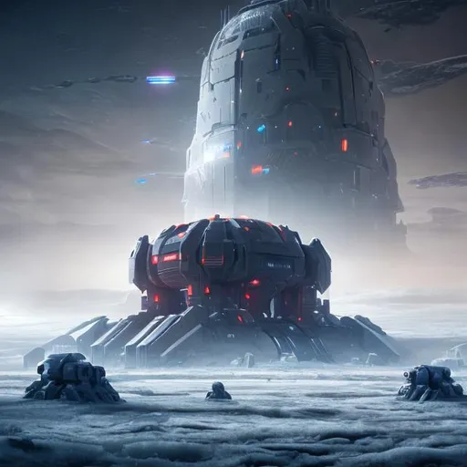 Prompt: Gigantic futuristic fortress in the middle of an icy tundra landscape, 8k, cinematic, shadowy, snowy, with sentinel robots, wide shot, space, misty