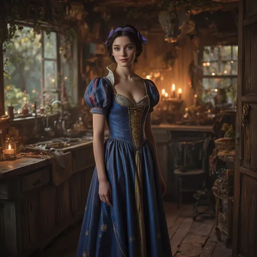 Prompt: A full-length portrait of Snow White standing inside the kitchen of the Dwarves' forest cottage, styled with the delicate, hyper-realistic painterly look of a Renaissance-inspired fairytale painting. An 18-year-old teenager, she has striking, wide cerulean blue eyes, a porcelain complexion that practically glows, highlighting her rosy cheeks, and dark hair tied back with soft purple ribbons. Her expression is a shy smiling with a touch of seductive innocence. Her dress highlights her cleavage and is a modern fairytale reinterpretation: flowing, rustic yet elegant, in deep indigo and muted gold tones with subtle embroidery. The scene is set at twilight in a lush, enchanted forest cottage, with the warm glow of lantern light filling the cozy wooden cottage.  Style is hyper-detailed, cinematic, with soft lighting and magical realism. --v 5 --style painterly --lighting soft twilight --mood enchanted --focus full-body --environment forest cottage --texture realistic fabric and hair