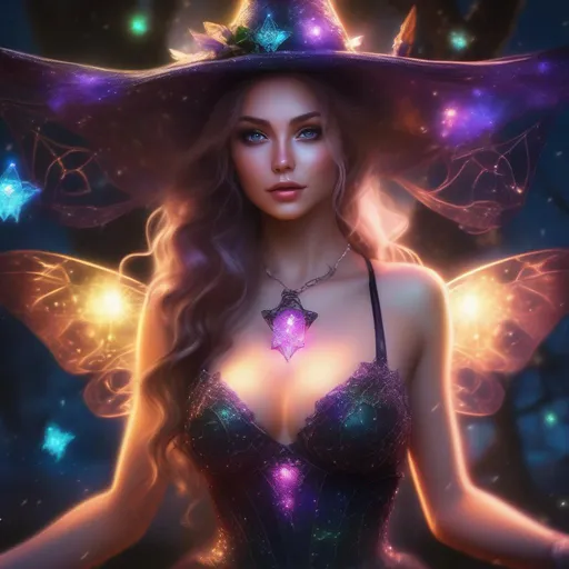 Prompt: hyper realistic, beautiful, stunningly full body form of a bright eyed, buxom woman, in a fairy witch outfit that is glowing, sparkly, sheer, and skimpy outfit on a breathtaking night with flying sprites around.