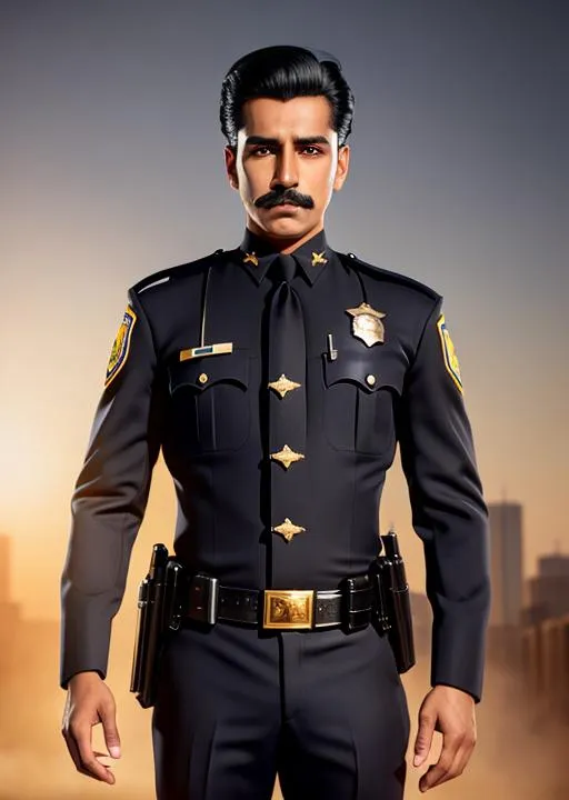 Prompt: A young handsome police,25 years old arabian male,black hair with moustache,police suit,focus,cool pose,cinematic lighting,golden hour photography,police department,64k,UHD,highly realistic,ultra realistic,dynamic potrait,cinematic,photorealistic,