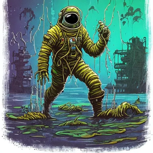 Prompt: swamp astronaut shipwreck horror monster fear colors