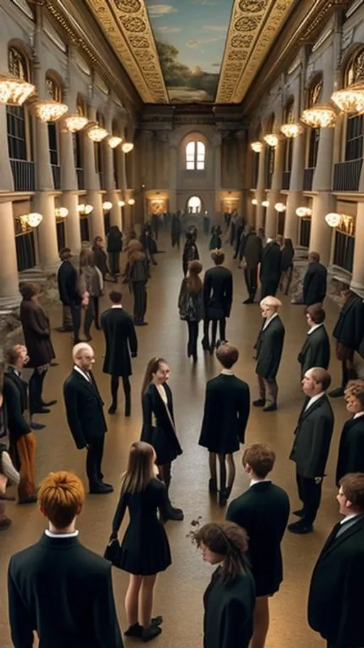 Prompt: In the foreground the main character is a young blonde woman standing in the centre of the picture, surrounded by a crowd of old men in black suits. The background is a indoor hall of european historical building.