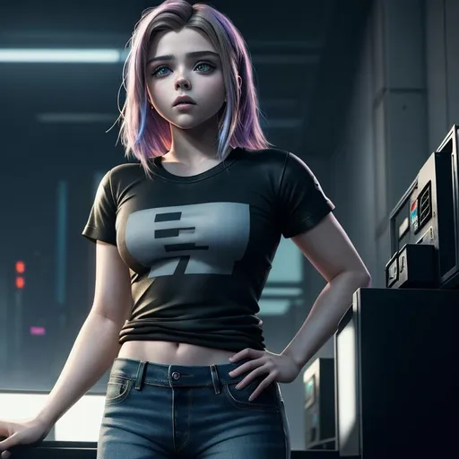 Prompt: Cyberpunk, Young Chloë Grace Moretz, in t-shirt and jeans, raw photo, photorealistic, High Detail, dramatic, UHD, HDR raw photo, realistic, sharp focus, 8K high definition, insanely detailed, intricate, high quality, 