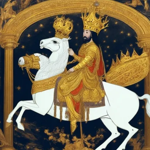 Prompt: A king ,having big golden crown ,wearing white dress with golden , belt in his west , riding a huge white  horse 