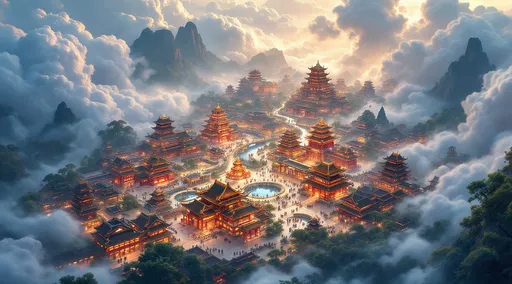 Prompt: Fantasy image of an ancient Chinese city from a bird's eye view, vibrant colors and breathtaking landscapes, intricate architectural details, luminous rooftops, sprawling gardens, bustling local markets, lush riverbanks, enchanting palaces surrounded by mystical mist, artistic swirls of cloud patterns, mesmerizing light effects, rich historical ambiance, magical atmosphere, ultra-detailed, high definition.
