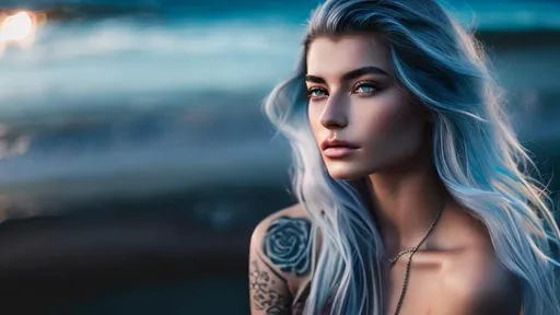 Prompt: Type: head portrait image from profile - she looks left.
Description: 18-year-old female, 
Hair color: silver-blue/gray ombre, slightly wavy hair, 
Face: beautiful face, thin eyebrows, straight nose, half-closed blue eyes, delicately muscular face, natural lips. 
Skin: heavily tattooed skin, fine tanned skin.
Posture: asymmetric, her right hand touching her face.
Accessories: modern black headphones, ring, nose piercing.
Background: blue mist of smoke with spot lights.
Lighting: from the left, with scattered blue-white light.
Elaboration: photorealistic, rich in detail.