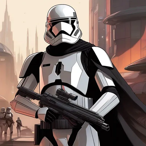 Prompt: Whole body, full figure. A first order stormtrooper in black armor. He wears mandalorian helmet. He wields a rifle. In background a scifi city. Star wars art. Rpg art. 2d art. 2d. 