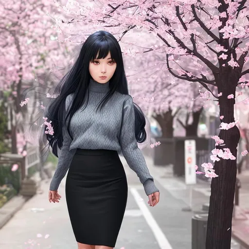 Prompt: A woman wearing a black pencil skirt, and a gray-blue sweater. She has long hair dyed with all the colors of the rainbow, and is surrounded by cherry blossoms