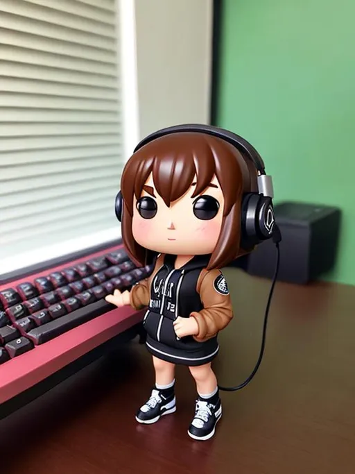 Prompt: cute funko pop female figure with shoulder length brown hair, brown eyes, holding a keyboard, wearing a headset, wearing a black hoodie