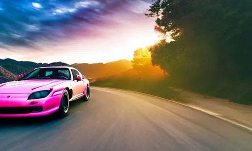 Prompt: pink mazda rx7 fd driving at sunset in amalfi coast aesthetic realistic 4k photo real life