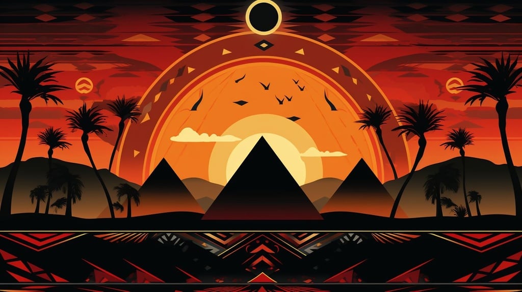 Prompt: pyramids in front of a sunset in style of moche art x moche art patterns