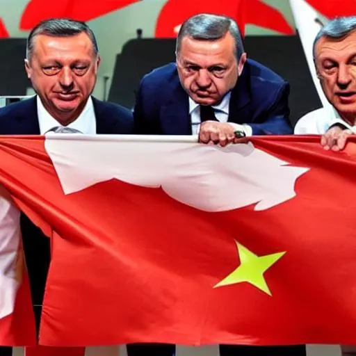 Prompt: Recept Tayyip Erdogan, Viktor Orban and Alexandar Vucic beide each other vith her country flags