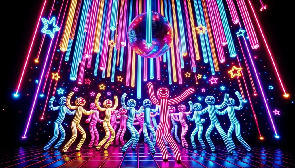 Prompt: A vibrant scene illuminated by neon lights where striped tube stickmen are energetically dancing. Above them, neon lit disco stars weep, casting a mesmerizing glow over the entire scene.