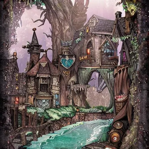 Prompt: wonderland storybook magic town, medieval fantasy, brothers grim, dnd art
