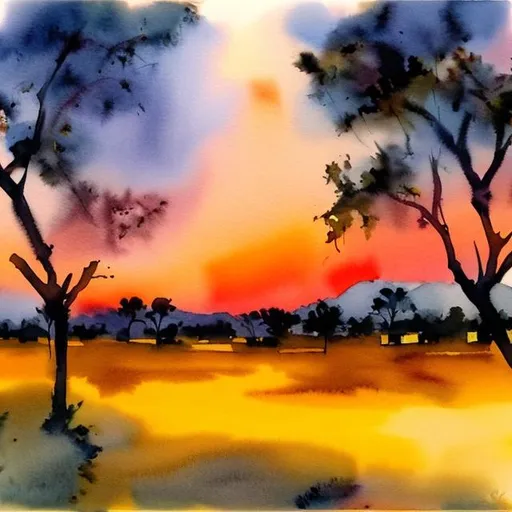 Prompt: Mango Groves on Fire Winter Evening in watercolor