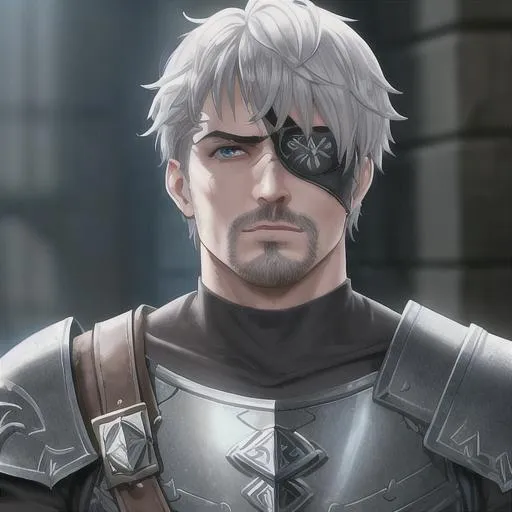 Prompt: one eye patch, fantasy, male, Warrior, perfect sly face with ashen grey hair and short goatee, and with blue eyes, Metal Pauldron in his shoulder, UHD, hd , 8k eyes, detailed face, 8k eyes, intricate details, insanely detailed, masterpiece, cinematic lighting, 8k, octane render, unreal engine, artwork, concept art, digital art, character art portrait, matte fantasy painting
