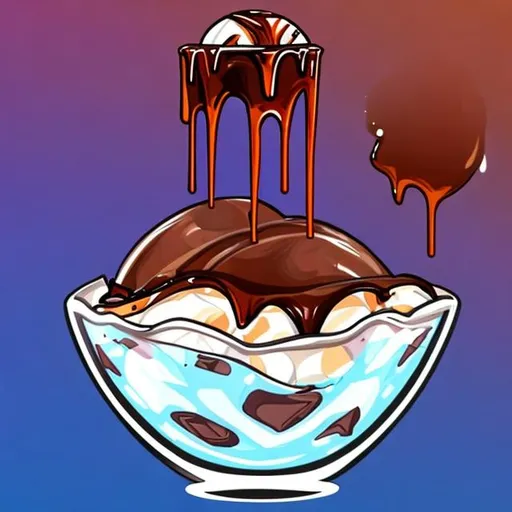 Prompt: Ice crush in a bowl with chocolate syrup on top covering it. Cartoon version