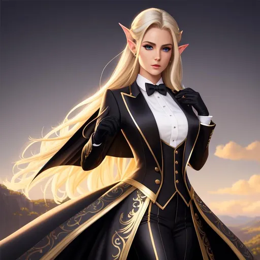 Prompt: tuxedo, suit, gloves, small cape, blonde, Oil painting, Chiaroscuro, landscape, UHD, 8K, highly detailed, panned out view of the character, visible full body, a hyperdetailed mage elven woman, long pointed ears, hyperdetailed long hair, masterpiece, hyperdetailed full body, hyperdetailed feminine attractive face and nose, gray eyes, complete body view, ((hyperdetailed eyes)), perfect body, perfect anatomy, beautifully detailed face, alluring smile, ((fantasy_gown1.3)), small chest