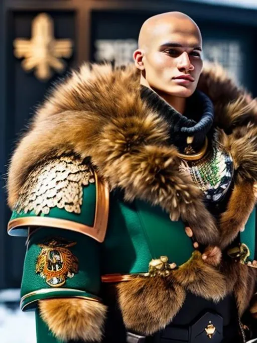 Prompt: Horus Lupercal, warhammer 30000, hyperrealistic, No hair, green and copper armor, detailed, young, human, wolf fur cloak