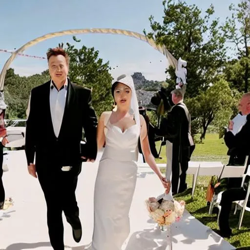 Prompt: Wedding between Elon Musk and a girl with black hair and a septum piercing